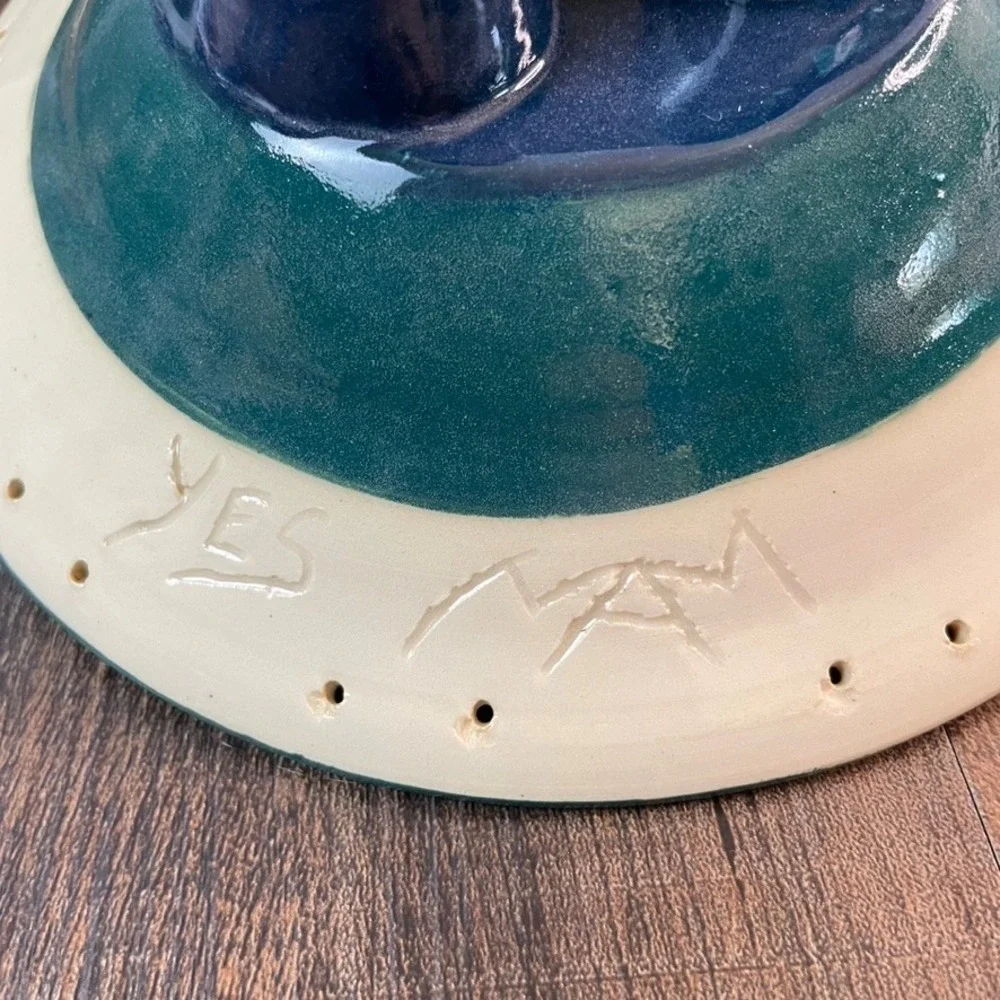 Yes Mam Studio Pottery Apple Baker Teal Navy Striped Tripod Footed Ceramic